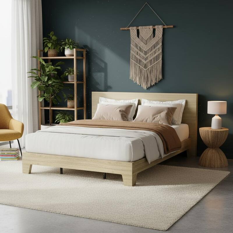 Wood Platform Bed Frame, with Strong Wooden Slats - Natural Oak - Queen