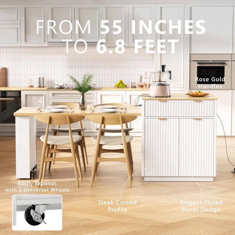 82.6" Fluted Kitchen Island with Extendable Dining Table and Power Outlet for Modern Kitchen Spaces