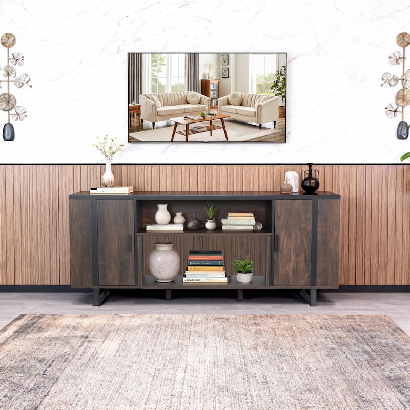 72" Farmhouse Walnut Wood Console TV Stand with Adjustable Shelves