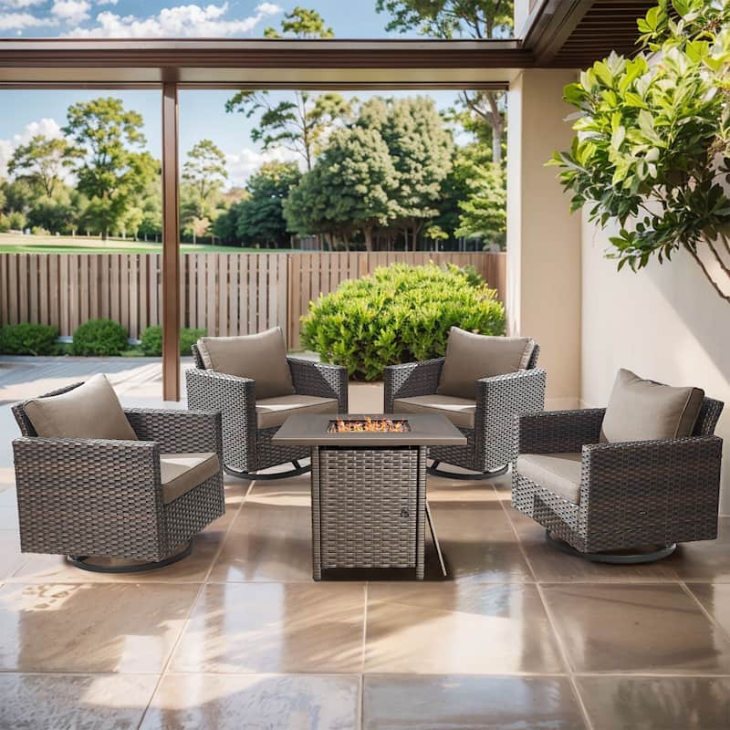 Outdoor Pocassy Glider Chairs Patio Chairs with Fire Table - Brown Wicker Grey Cushion - 5PCS Swivel Chairs