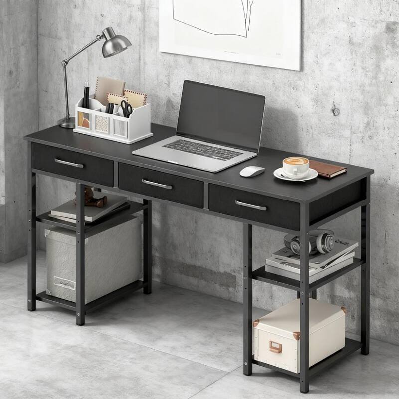 Writing Desk,Small Computer Desk with Fabric Drawers, Home Office Desk with Adjustable Shelves