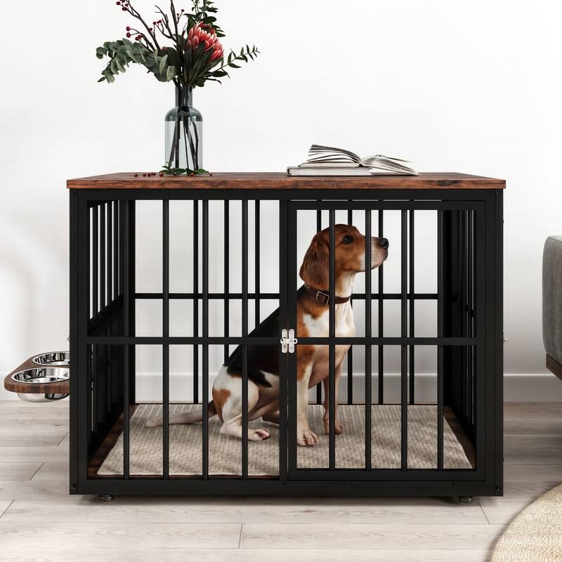 Double Dog Crate Furniture, TV Stand with Removable Divider and Feeding Bowls