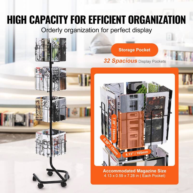 Rotating Brochure Display Rack, 4-Tier 32-Pocket Literature Stand - 16.14 x 14.96 x 61 in