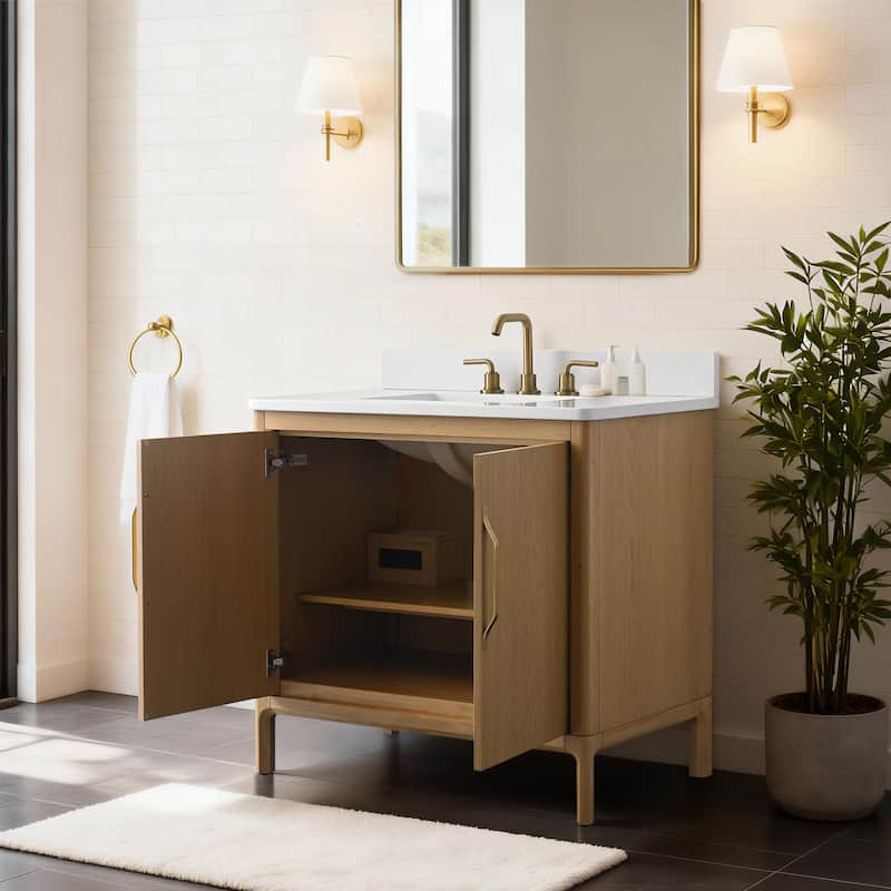 36" Freestanding Bathroom Vanity with Engineered Stone Top, Ceramic Sink, Built-In Power Outlet, and Soft-Close Doors