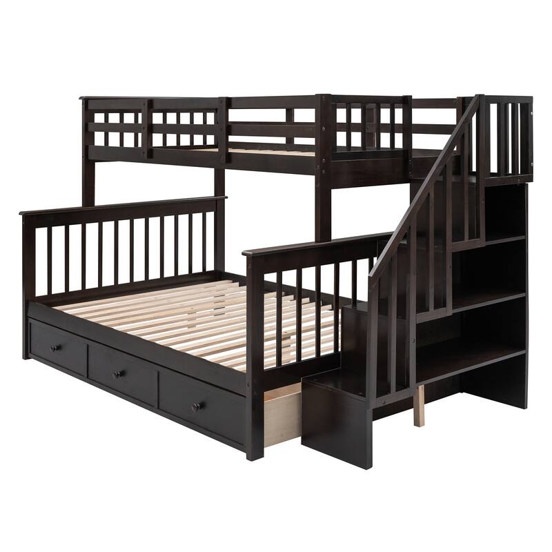 Stairway Twin-Over-Full Bunk Bed with Drawer Storage and Guard Rail for Bedroom