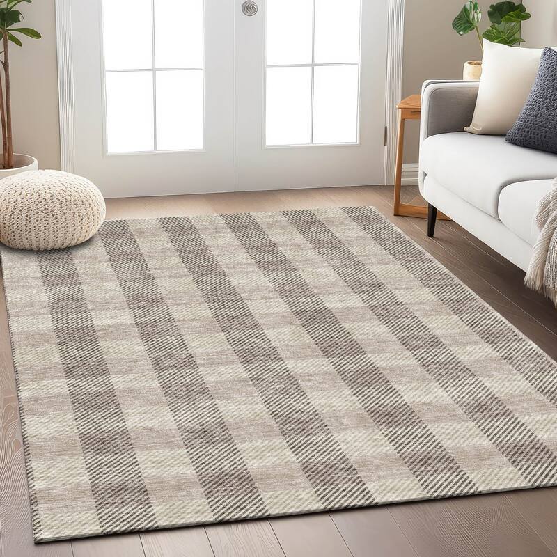 Machine Washable Indoor/ Outdoor Chantille Plaid Stripe Rug