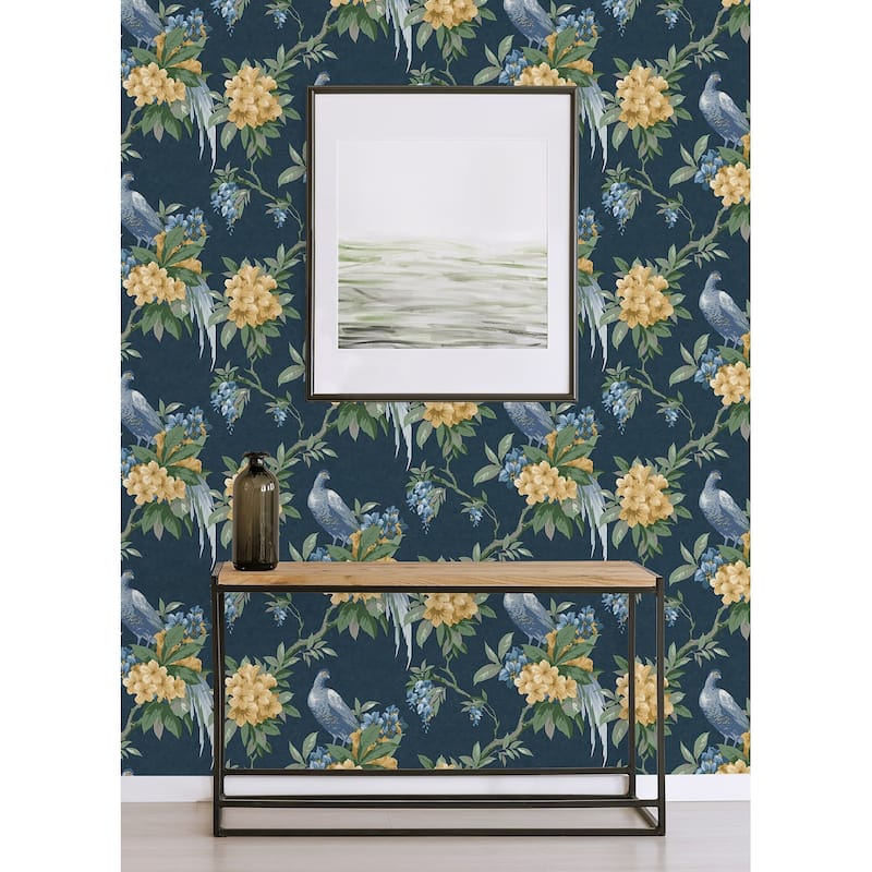 Brewster Golden Pheasant Dark Blue Floral Wallpaper