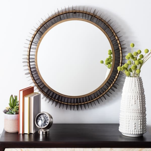 slide 2 of 7, SAFAVIEH Storm 30-inch Brass Round Mirror - 30" W x 3.5" L x 30" H