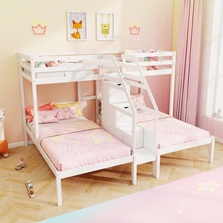 Bunk Bed for 3 Kids, Twin Over Twin with Storage Staircase and Safety Guardrails