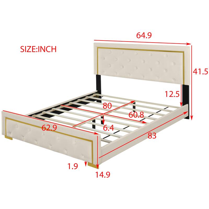 Velvet Upholstered Platform Bed With Pull Point Headboard And Metal Wire Frame