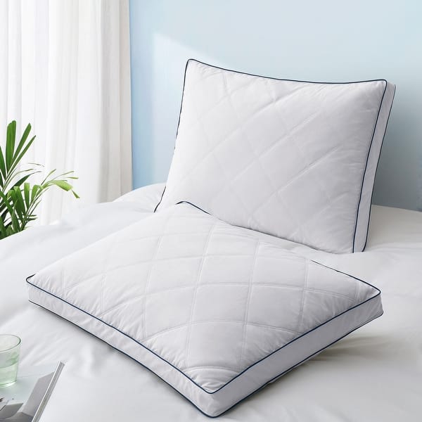 Gusseted Quilted Goose Feather Down Bed Pillow Cotton Cover Set of 2