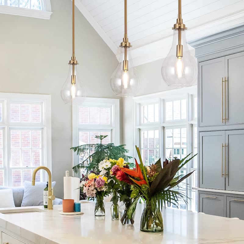 Synia Mid-century Modern Globe Single Farmhouse Pendant Lights with Tear Drop Glass - D 6'' x H 73.3'' - D 6'' x H 73.3'' - Polished Brass