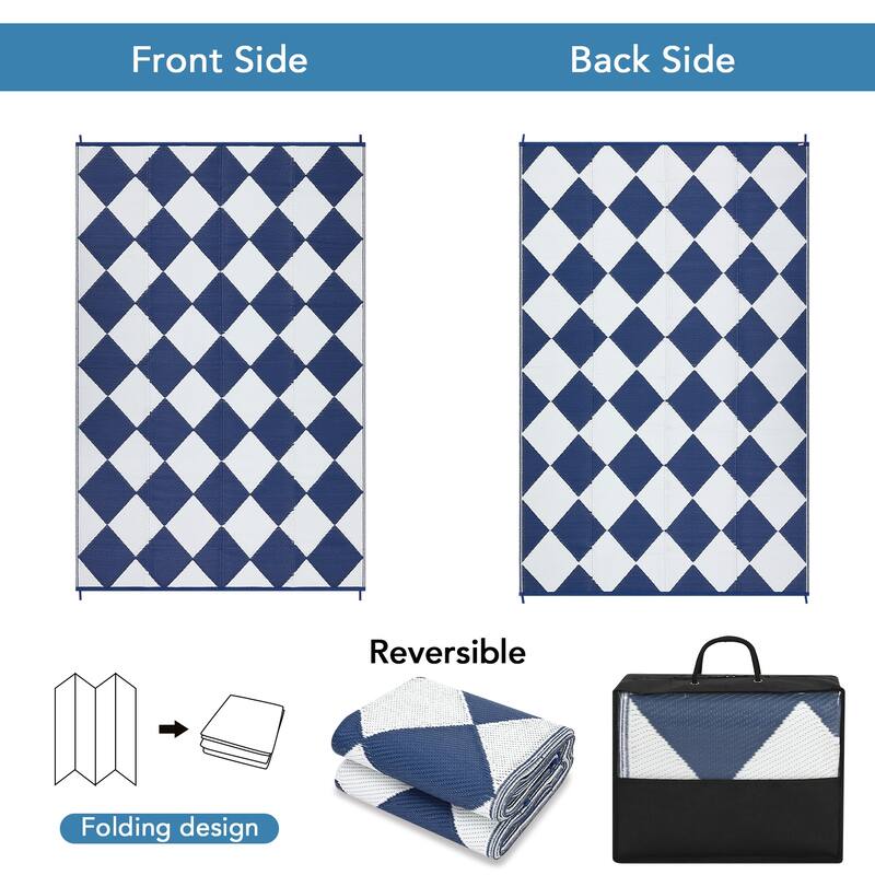 Outdoor Rug Waterproof Reversible Rug Plastic Straw Rug Checkered Floor Mat Outside Carpet for Camping RV Backyard Patio