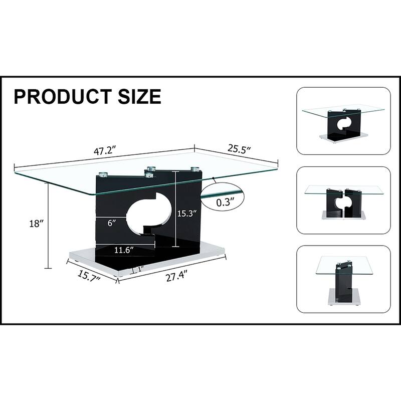 Rectangular Coffee Table with Tempered Glass Tabletop and White MDF Legs