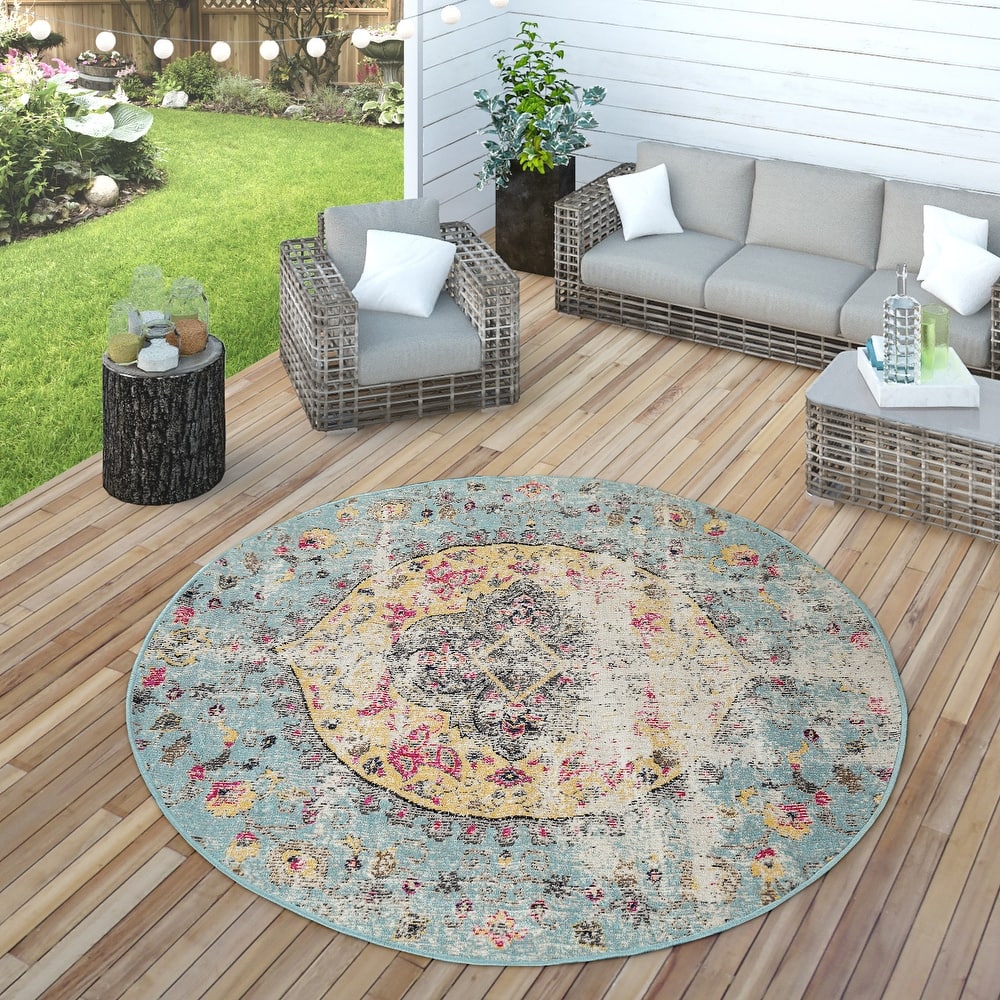 Indoor & Outdoor Rug Oriental Design in Turquoise Pink Yellow Pastel