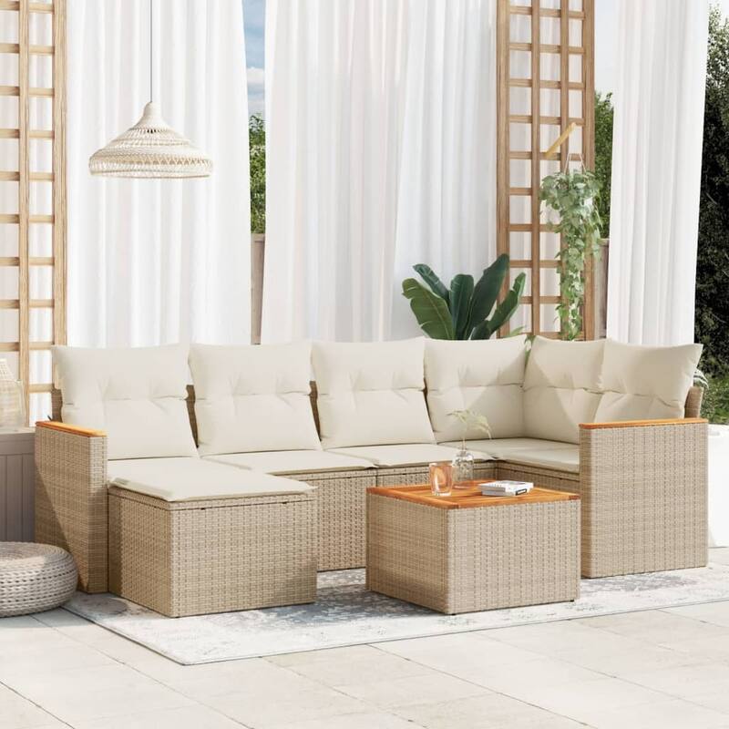 vidaXL Patio Sofa Set with Cushions Outdoor Conversation Furniture Poly Rattan - Beige with table - 92.1 x 48.8 x 27.2 in