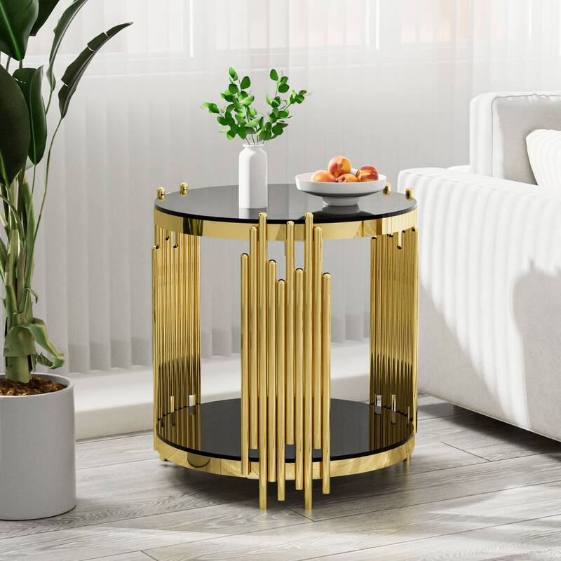 Modern Gold & Steel Round Coffee Table with 8mm Tempered Glass for Living Room