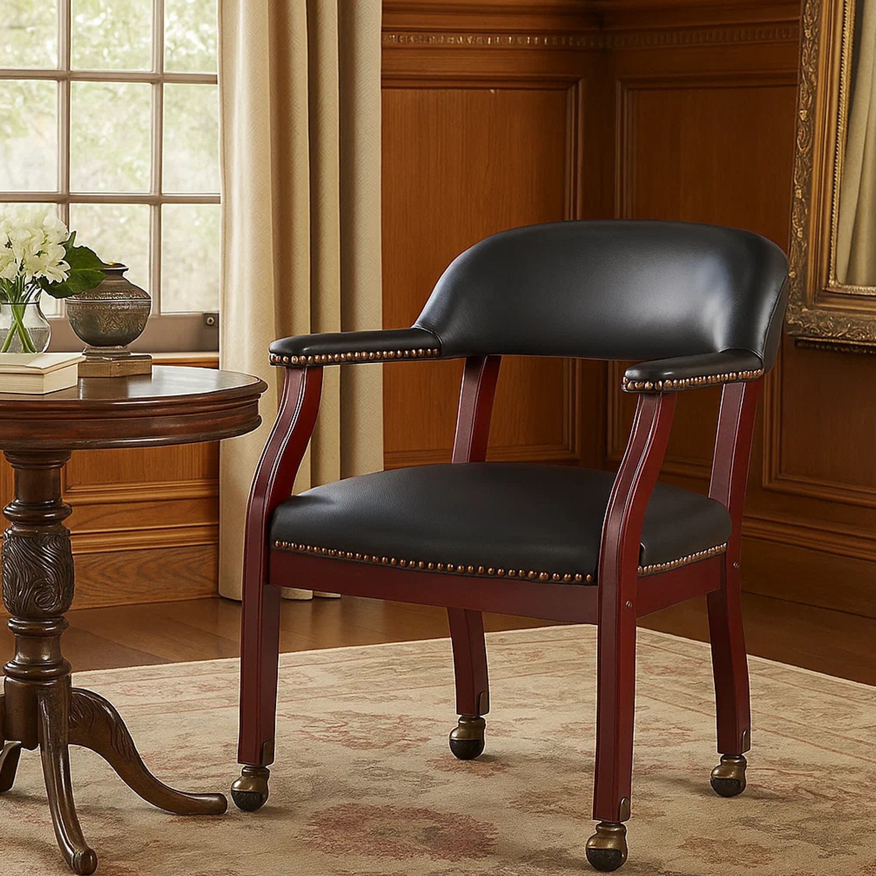 Anna Captain Chair, Brass Rivet Trim, Hooded Wheels, Black