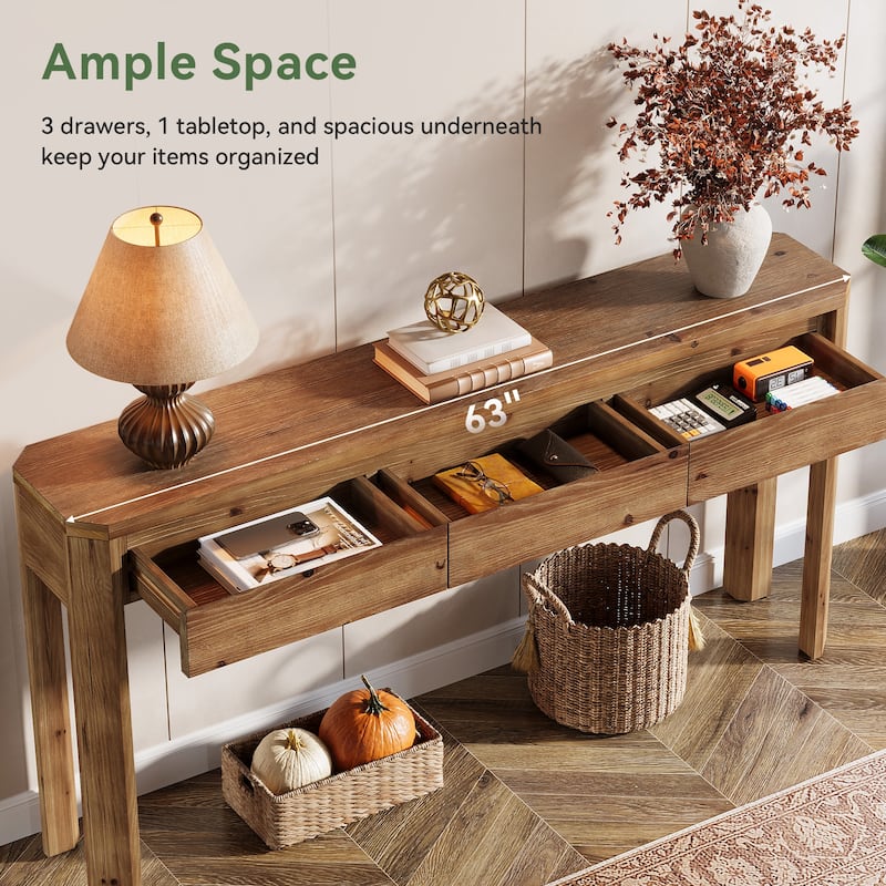 63 Inch Solid Wood Console Table with 3 Drawers, Sofa Table Behind the Couch, Farmhouse Style - 11.81" D x 62.99" W x 31.5" H