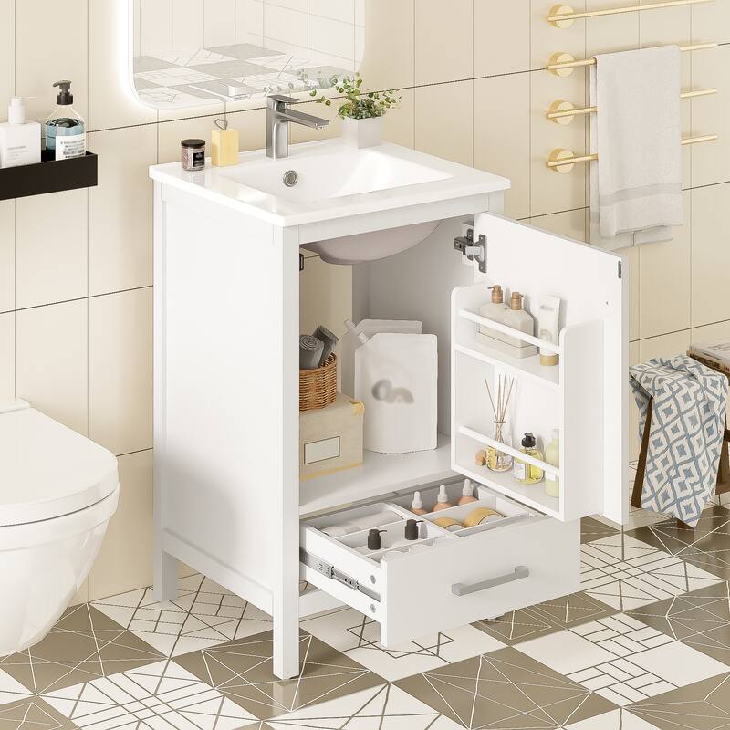GDFStudio - Aurora Wood Bathroom Vanity Set with Ceramic Sink and Divided Drawers