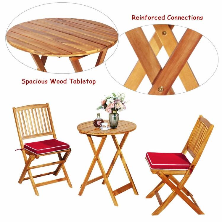 3 Pieces Patio Folding Bistro Set with Padded Cushion and Round Coffee Table - 23.5" x 23.5" x 29.5" (L x W x H)