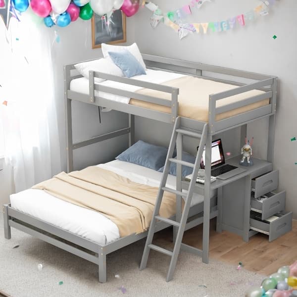 slide 2 of 15, Twin over Full Bunk Bed with Built-in Desk and Three Drawers,Multifunctional Loft Bunk Bed With Storage Grey