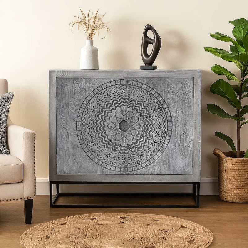 Zera 39 Inch Handcrafted Accent Cabinet with 2 Doors, Medallion Engraved, Sandblasted Gray Mango Wood, Black Iron Framed Stand - Gray and Black