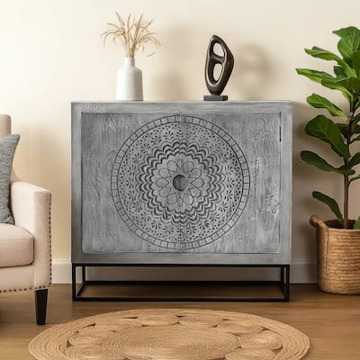 Zera 39 Inch Handcrafted Accent Cabinet with 2 Doors, Medallion Engraved, Sandblasted Gray Mango Wood, Black Iron Framed Stand
