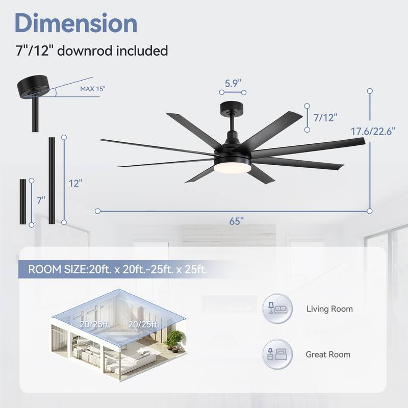 65 Inch Black/White/Gold LED Ceiling Fan with Light Remote(8-Blade)