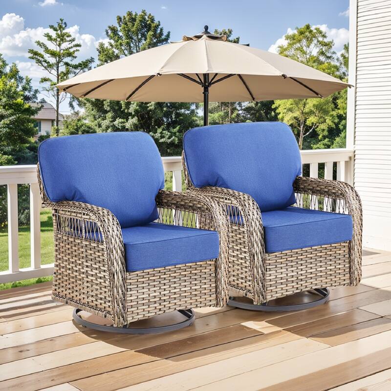 Pocassy Patio Outdoor Sofa Ottoman with Swivel Chair Table - Gray Wicker Blue Cushion - 2-Piece Swivel Chair