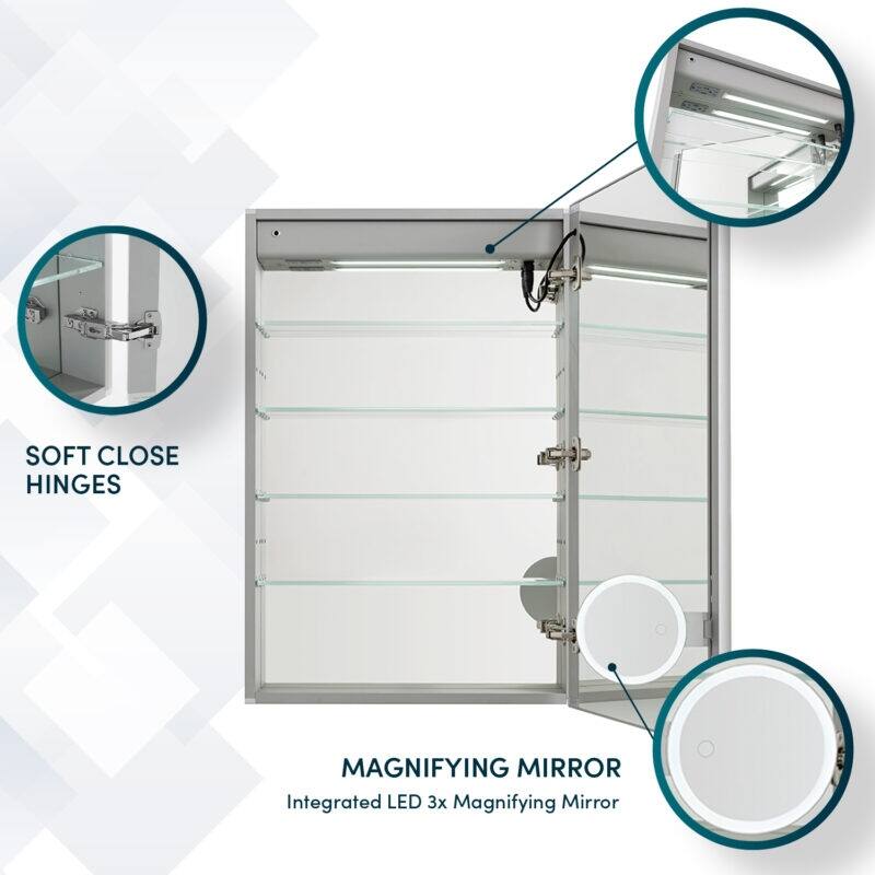 AQUADOM Edge Royale Bathroom Led Lighted Medicine Cabinet Defogger, 3X LED Adjustable Magnifying Mirror, Electrical Outlets.