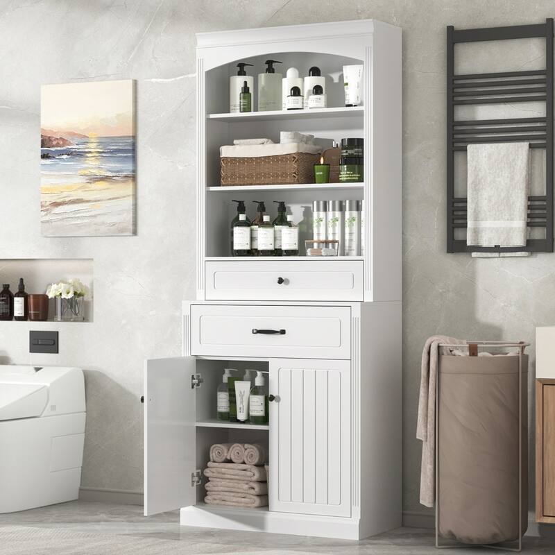 White Bath Cabinet, 2 Doors 3/6 Shelves, Engineered Wood, Bath Laundry