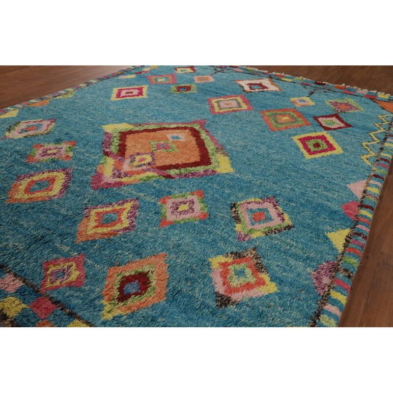 Light Blue Plush Moroccan Oriental Area Rug Handmade Wool Carpet - 7'8" x 10'5"