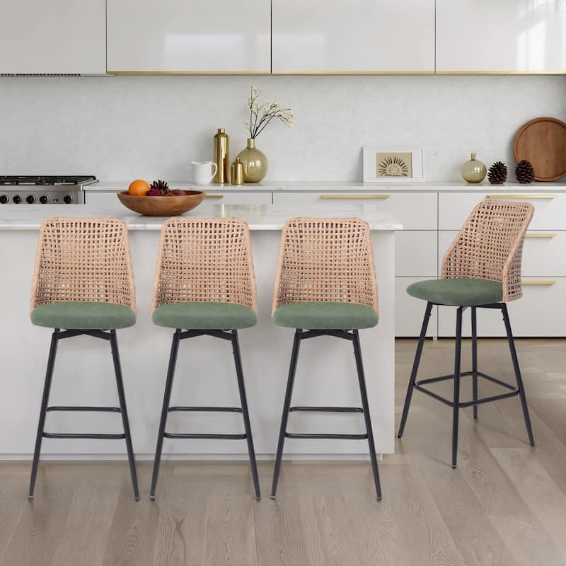 Chenille Counter Height Swivel Bar Stools Rattan Back with Metal Legs