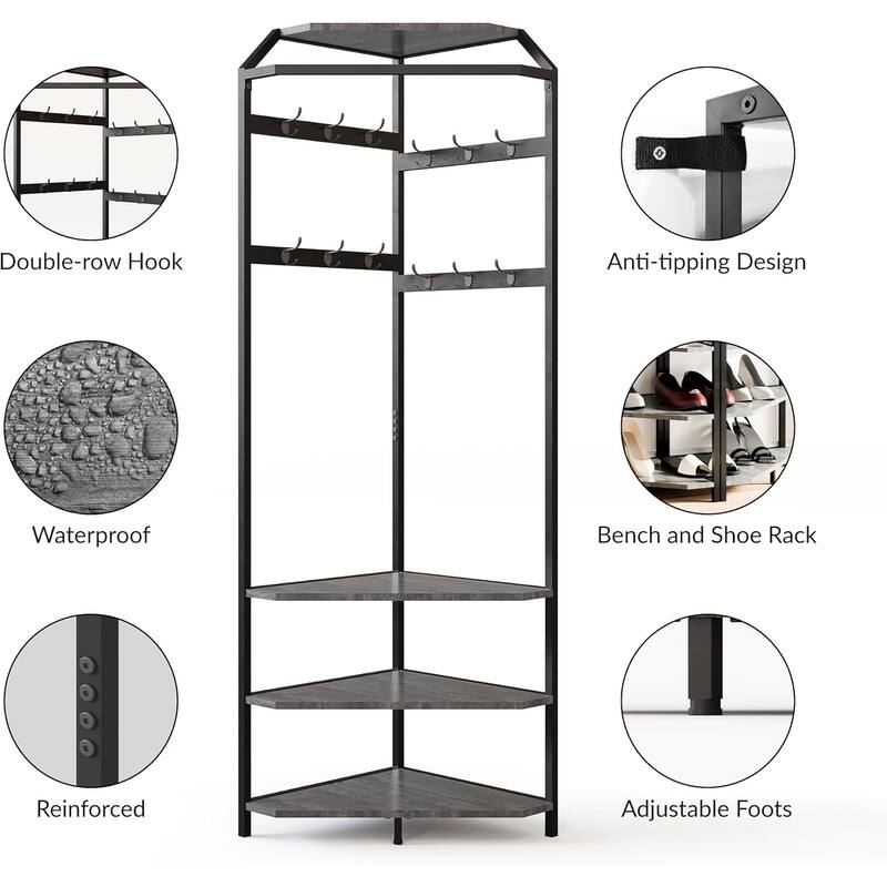 Corner Coat Rack With Shoe Bench Entryway, Corner Hall Tree With 6 Double Hooks