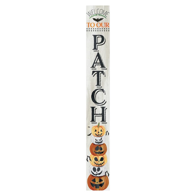 HomeRoots 72" Black Orange And White Solid Wood Welcome Halloween Jack-O-Lantern Porch Sign