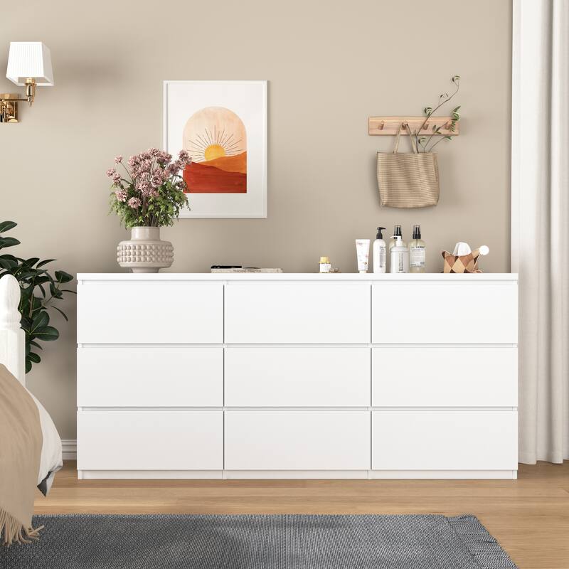 Modern 9-Drawer Dressing Table Storage Cabinet with Handle-Less, for Bedrooms, Living Rooms and Hallways - White
