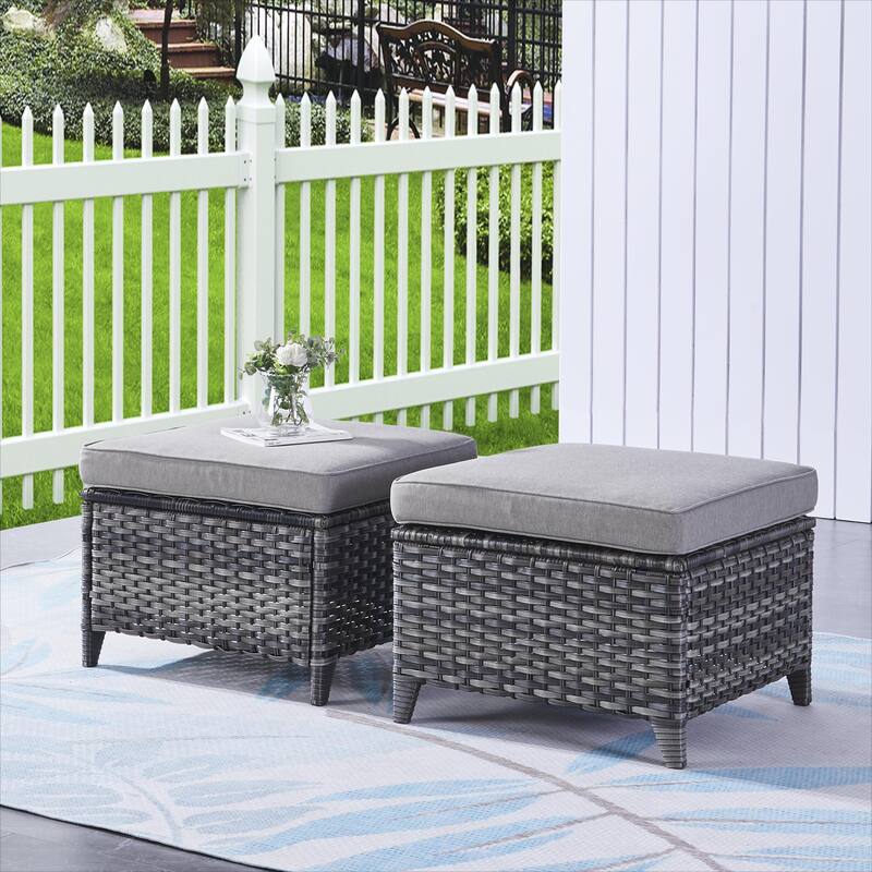 Pocassy Outdoor cushioned Wicker Footstool Ottomans - Grey/Grey