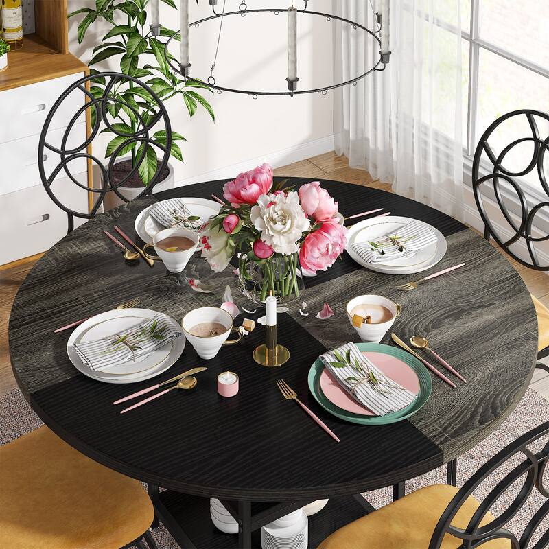 Dining Table with Storage Shelves for 4 People, Rustic Color Contrast Kitchen Table