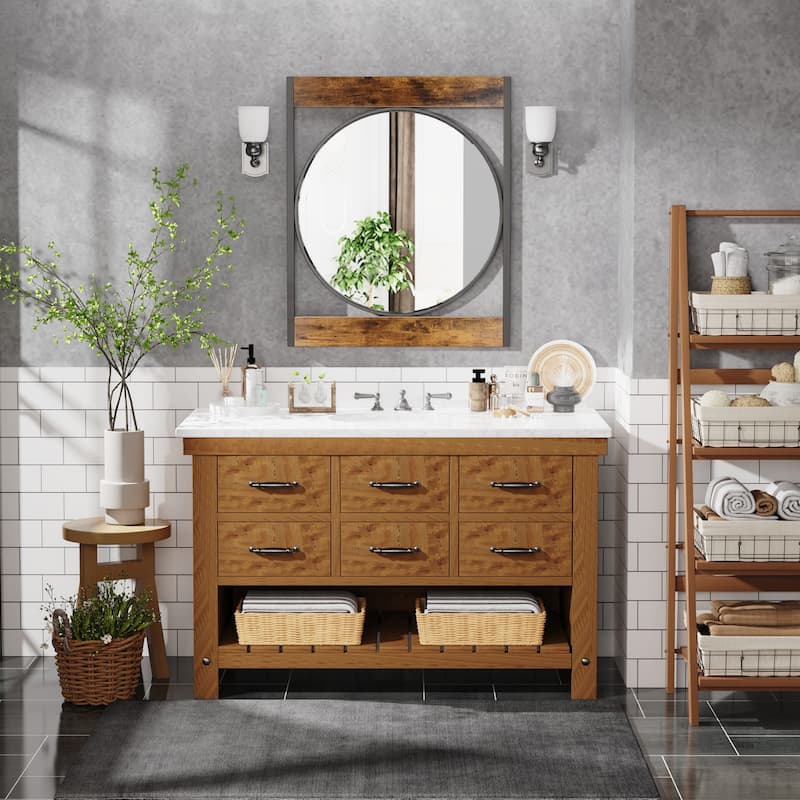 Industrial Round Wall Accent Mirror Square Wood Frame
