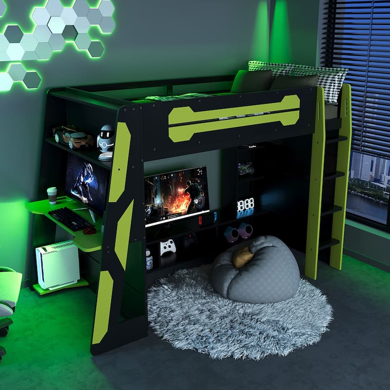 Full Size Gaming Loft Bed Esports-Inspired Bed with Desk Shelves and Charging Station for Gaming Bedroom Setup, Esports Hotels