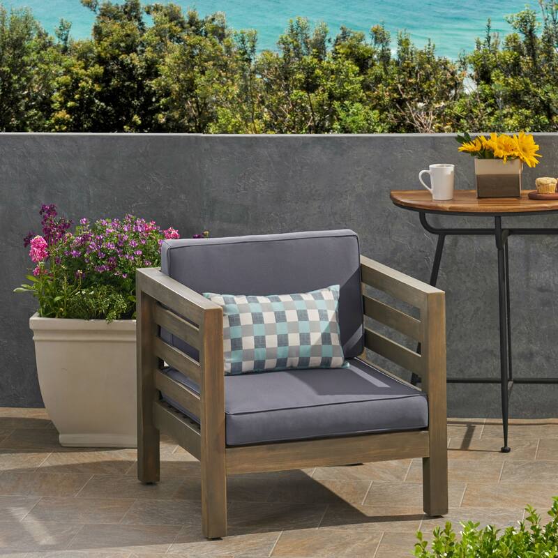 Oana Outdoor Acacia Wood Club Chair with Cushion by Christopher Knight Home - Gray Finish + Dark Gray Cushion