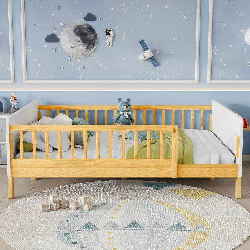 Kids Wood Platform Bed with Guardrails, Bottle Holder and 2 Hanging Rod, Convertible Toddler Daybed, Low Profile Design Frame