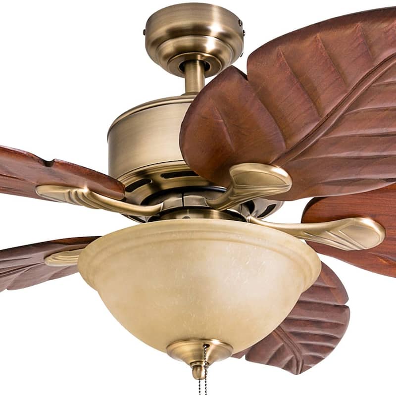 52" Honeywell Royal Palm Aged Brass LED Ceiling Fan with Light, Pull Chain