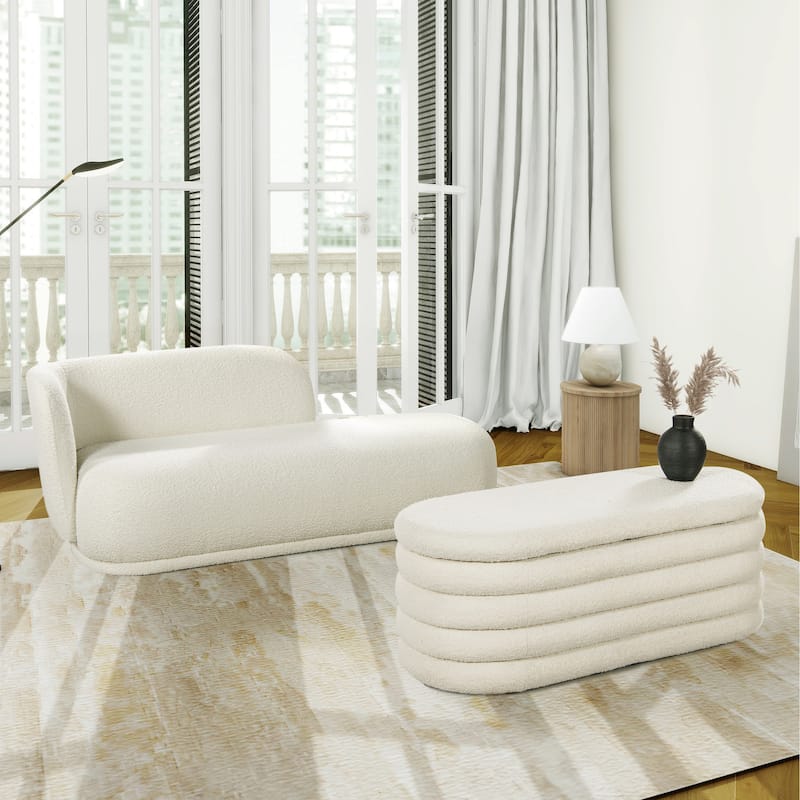 Aire 75" Ivory White Boucle Curved Arm Chaise Lounge Chair