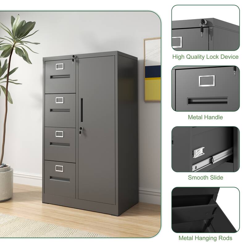 Metal Storage Vertical Filing Cabinet with Lock, Steel File Locker with 4 Drawers and 1 door