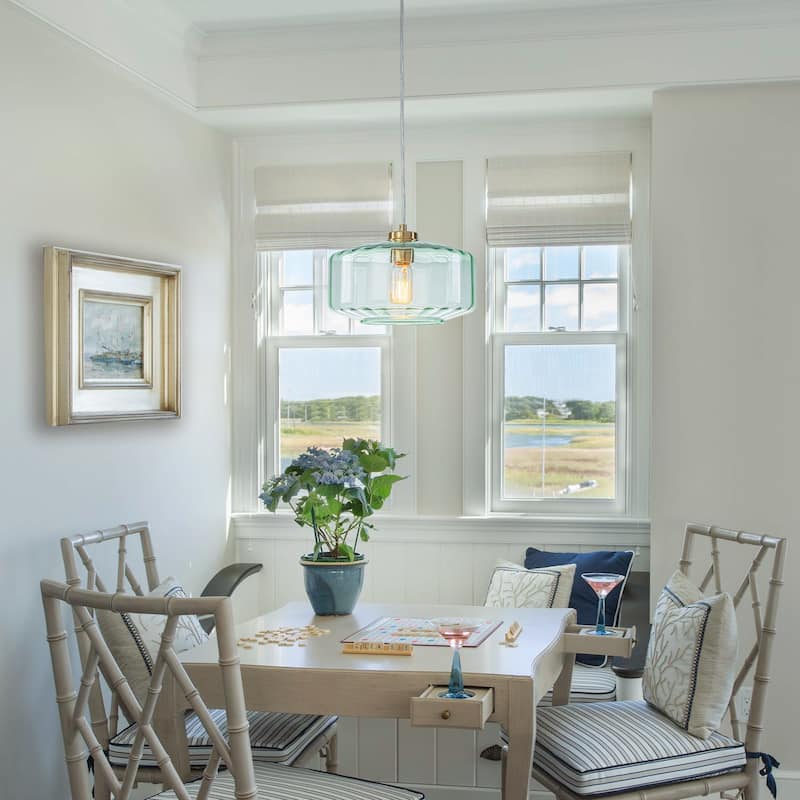 Mid-century Modern 1-Light Lantern Glass Pendant Light with Green Ribbed Glass Shade for Kitchen Island, Dining Room