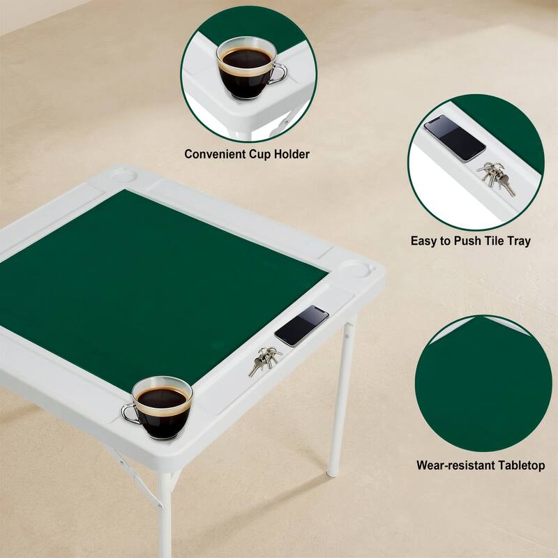 Anmytek Foldable 4-Player Game Table with Cup Holders & Tile Trays, Mahjong Poker Dice Table with Green Felt Surface