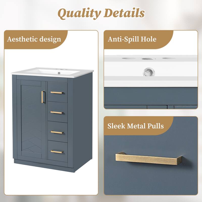 24" Single Sink Bathroom Cabinet, Freestanding Bathroom Vanity with Ceramic Sink