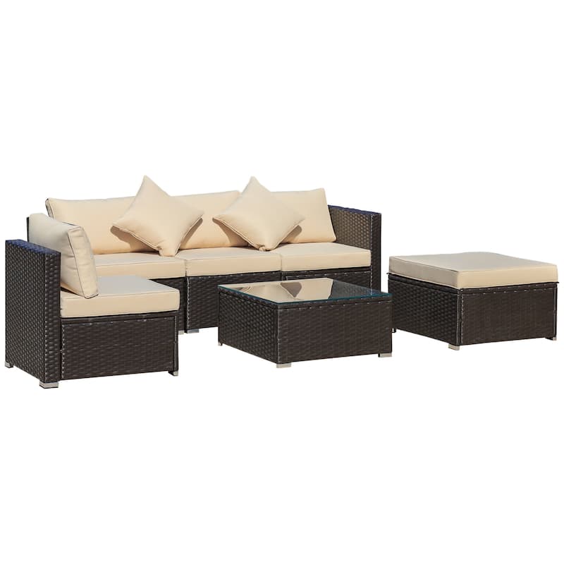 Outsunny 6-Piece Outdoor Patio Rattan Wicker Furniture Set with Comfortable Cotton Cushions, Removable Slip Covers
